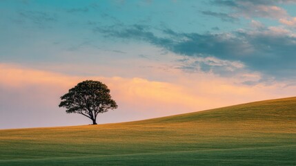 Serene landscape with a lone tree on a gentle hill under a pastel sky in early evening.
