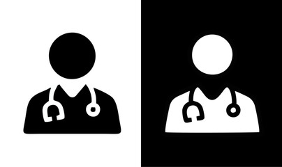 Vector illustration of a doctor icon in two contrasting versions: black silhouette on a white background and white silhouette on a black background.