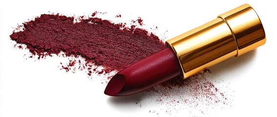 Deep burgundy lipstick with scattered powder
