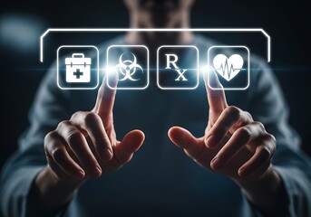 Obraz premium Person touching icons for health, biohazard, prescription, and heart