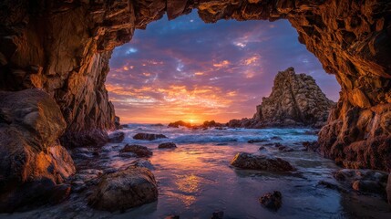 Sunset Through Rock Arch at Ocean.