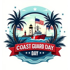 U.S. Coast Guard Day Illustration with Ship, Lighthouse, Palm Trees, and American Flags