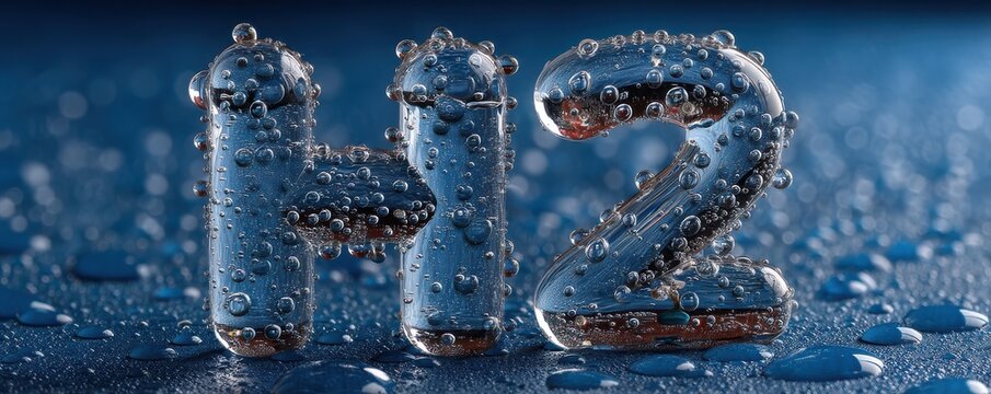 Closeup of an H2 Concept Rendered with Water Droplets on a Blue Background - Powered by Adobe