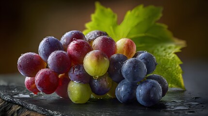 Cluster of Wet Mixed Color Grapes on a Dark Surface with a Softly Blurred Background Keywords: grapes, assorted grapes, wet grapes, water droplets, dew, colorful grapes, red grapes, green grapes