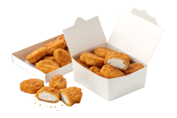 Multiple white boxes containing golden brown chicken nuggets, some opened to show contents, isolated on a transparent background