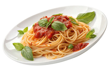 Spaghetti pasta with red tomato sauce and fresh green basil leaves on white plate, isolated on a transparent background