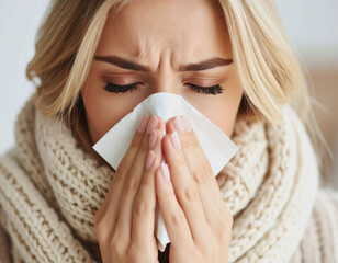  Sick Woman Blowing Nose wearing Mask ill