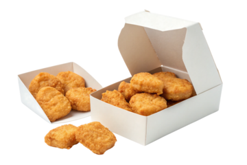 Golden crispy chicken nuggets in white takeout boxes with some scattered outside, isolated on a transparent background