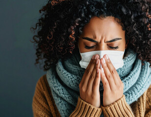  Sick Woman Blowing Nose wearing Mask ill