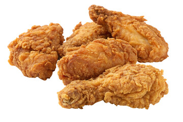 Golden brown fried chicken pieces with crispy coating, multiple drumsticks and thighs shown, isolated on a transparent background