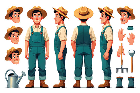 Farmer character turnaround sheet with expressions and farming tools.