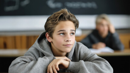Student deep in thought classroom setting portrait focused mood
