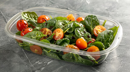 A clear plastic container filled with a spinach and tomato salad drizzled with balsamic glaze food .