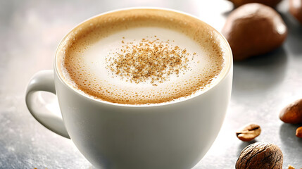 Obraz premium Creamy Cappuccino In White Cup On Metal Surface