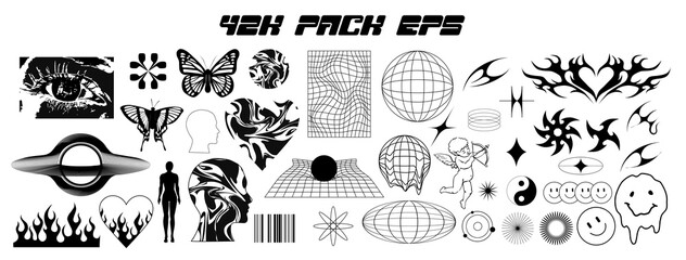 Vector Graphic Assets Set. Bold modern Shapes for Posters Template, flyers, clothes, social media, graphic design, sticker, In Y2k style, Futuristic, Anti-design, Digital Collage, Retro Futurist.  © Ольга Логвиненко