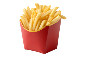 French fries in red container, golden crispy potato strips served hot and fresh, isolated on a transparent background