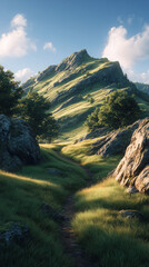 Hiking adventure on mountain trail path lush green landscape scenic view
