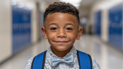 Child smiling in a colorful school hallway portrait photography