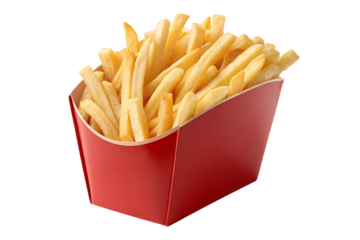Large serving of french fries in red container, crispy golden potato strips portion, isolated on a transparent background