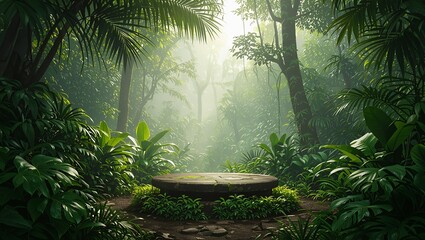 Mystical ancient stone altar nestled within a vibrant, sun-drenched jungle clearing