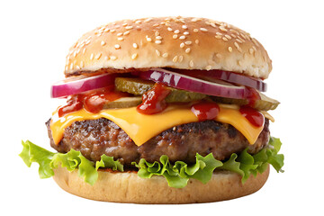 Deluxe cheeseburger with beef patty, melted cheese, pickles, ketchup on toasted sesame bun, isolated on a transparent background