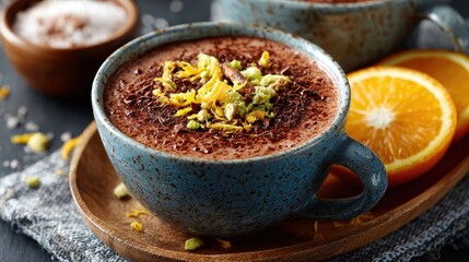 Gourmet Hot Chocolate with Orange Zest and Chocolate Shavings in Blue Cup