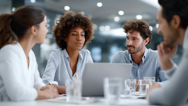 Collaborative Strategies: A diverse team of professionals in a modern office setting engages in a lively discussion, sharing ideas and strategies to achieve common goals.