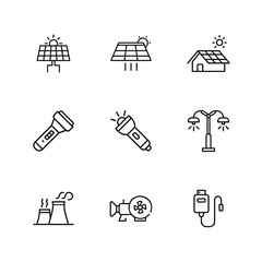 Collection line art icons representing energy power sources solar panel