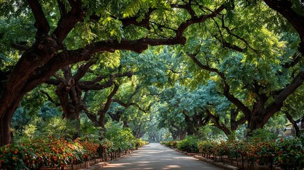 Naklejka premium Tree Lined Road: Green Canopy and Flowers