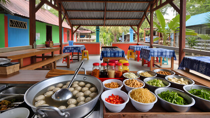 Traditional Indonesian warung with a big pot of bakso and ingredients around