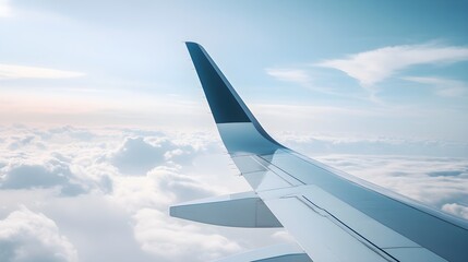 Fototapeta premium Airplane Wing Above Cloudscape Soft Blue White Sky