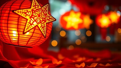 Golden star lanterns glowing against red silk, with scattered chrysanthemum petals for a festive touch.