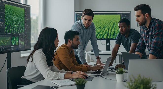 A diverse group of five colleagues collaborates around a table, analyzing aerial imagery of crops on laptops and monitors in a modern office setting.