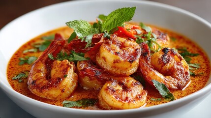 Grilled Shrimp in Spicy Sauce with Herbs, Close-up Food Photography