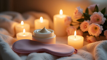 Relaxing Night Routine: Cream, sleep mask, candles, and roses for a peaceful bedtime ritual. #SelfCare