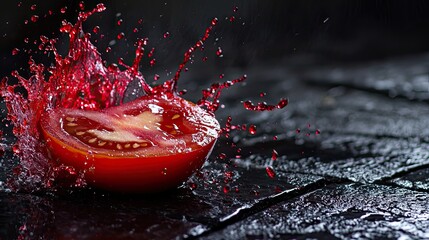 Minimalist view of tomato impact, frozen motion showcasing textures and liquid physics. Ideal for menus, ads, or bold designs. No figures. Core 