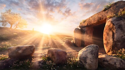 Sunrise over an empty ancient tomb with stone rolled away