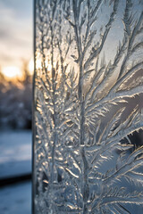 Close-Up of Frost Crystals Forming Intricate Patterns on Glass Window in Winter
