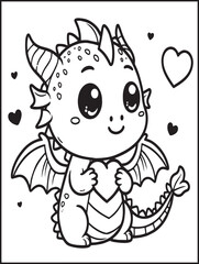 Animal-themed printable coloring page: Dragon coloring page for kids and adults: Cute dragon holding a heart