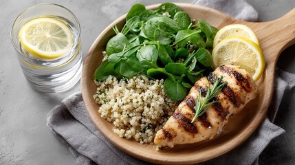 Healthy grilled chicken and quinoa salad with lemon served on wooden plate