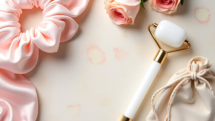 Elegant flat lay with a facial roller, silk scrunchie, drawstring bag, and rose petals against a soft backdrop