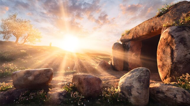 Sunrise over an empty ancient tomb with stone rolled away