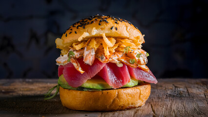 Freshly prepared sushi burger with seared tuna, fresh avocado, crispy elements, and flavorful spices, served in sesame-seeded bun on rustic background, evoking luxury dining with exotic fusion cuisine