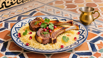 Savory lamb chops served on fragrant couscous with pomegranate seeds