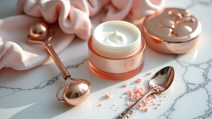 Elegant self-care products: moisturizer, facial roller, and rose-hued accents on a marble surface.