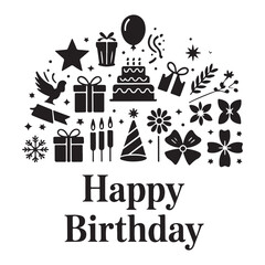 Festive icons with happy birthday text