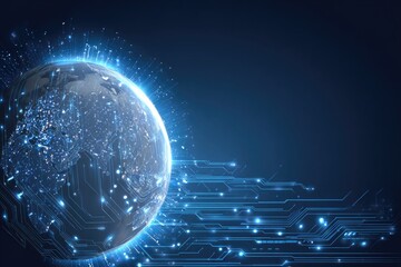 Glowing Earth encircled by digital circuitry, suggesting global connectivity and technological advancement on a dark blue background