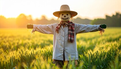 Sunlit Wheat and a Solitary Scarecrow from Behind
