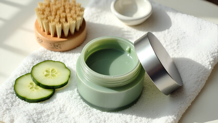 Wellness scene: green face mask, cucumber slices, brush, and bowl on a soft white towel.