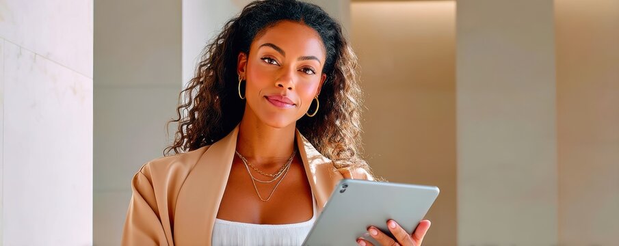 Confident professional woman holding a tablet in a modern business environment - Powered by Adobe
